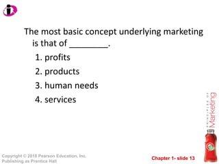 The most basic concept underlying marketing is that of ________. profits products human needs services 