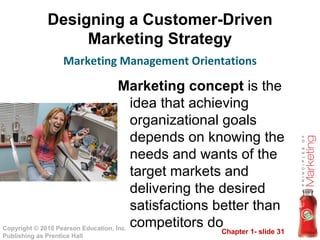 Designing a Customer-Driven Marketing Strategy Marketing Management Orientations Marketing concept  is the idea that achieving organizational goals depends on knowing the needs and wants of the target markets and delivering the desired satisfactions better than competitors do 