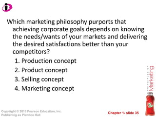 Which marketing philosophy purports that achieving corporate goals depends on knowing the needs/wants of your markets and delivering the desired satisfactions better than your competitors? Production concept Product concept Selling concept  Marketing concept 