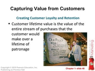 Capturing Value from Customers Customer lifetime value is the value of the entire stream of purchases that the customer would make over a  lifetime of  patronage Creating Customer Loyalty and Retention 