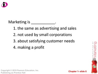 Marketing is ___________. the same as advertising and sales not used by small corporations about satisfying customer needs making a profit 