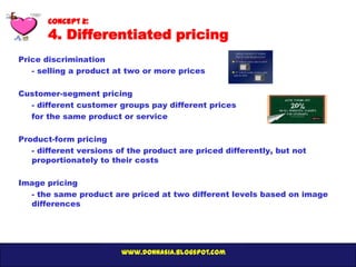 Concept 2:
       4. Differentiated pricing
Price discrimination
   - selling a product at two or more prices

Customer-segment pricing
  - different customer groups pay different prices
  for the same product or service

Product-form pricing
   - different versions of the product are priced differently, but not
   proportionately to their costs

Image pricing
  - the same product are priced at two different levels based on image
  differences




                         www.donnasia.blogspot.com
 