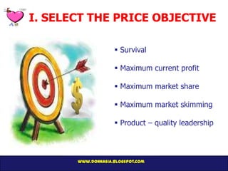I. SELECT THE PRICE OBJECTIVE

                     Survival

                     Maximum current profit

                     Maximum market share

                     Maximum market skimming

                     Product – quality leadership



       www.donnasia.blogspot.com
 