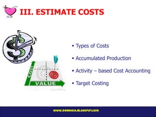 III. ESTIMATE COSTS



                  Types of Costs

                  Accumulated Production

                  Activity – based Cost Accounting

                  Target Costing




       www.donnasia.blogspot.com
 