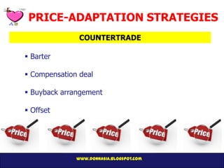 PRICE-ADAPTATION STRATEGIES
               COUNTERTRADE

 Barter

 Compensation deal

 Buyback arrangement

 Offset




              www.donnasia.blogspot.com
 