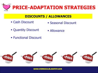 PRICE-ADAPTATION STRATEGIES
         DISCOUNTS / ALLOWANCES
 Cash Discount             Seasonal Discount

 Quantity Discount         Allowance

 Functional Discount




               www.donnasia.blogspot.com
 