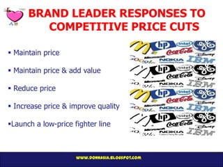 BRAND LEADER RESPONSES TO
         COMPETITIVE PRICE CUTS

 Maintain price

 Maintain price & add value

 Reduce price

 Increase price & improve quality

Launch a low-price fighter line



                     www.donnasia.blogspot.com
 