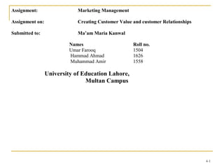 4-1
Assignment: Marketing Management
Assignment on: Creating Customer Value and customer Relationships
Submitted to: Ma’am Maria Kanwal
Names Roll no.
Umar Farooq 1504
Hammad Ahmad 1626
Muhammad Amir 1558
University of Education Lahore,
Multan Campus
 