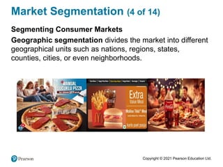 Copyright © 2021 Pearson Education Ltd.
Market Segmentation (4 of 14)
Segmenting Consumer Markets
Geographic segmentation divides the market into different
geographical units such as nations, regions, states,
counties, cities, or even neighborhoods.
 
