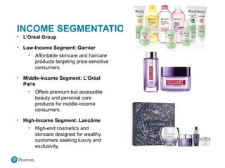 Copyright © 2021 Pearson Education Ltd.
INCOME SEGMENTATION
• L’Oréal Group
• Low-Income Segment: Garnier
• Affordable skincare and haircare
products targeting price-sensitive
consumers.
• Middle-Income Segment: L’Oréal
Paris
• Offers premium but accessible
beauty and personal care
products for middle-income
consumers.
• High-Income Segment: Lancôme
• High-end cosmetics and
skincare designed for wealthy
customers seeking luxury and
exclusivity.
 