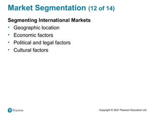 Copyright © 2021 Pearson Education Ltd.
Market Segmentation (12 of 14)
Segmenting International Markets
• Geographic location
• Economic factors
• Political and legal factors
• Cultural factors
 