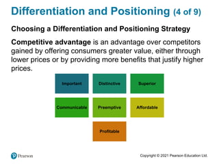 Copyright © 2021 Pearson Education Ltd.
Differentiation and Positioning (4 of 9)
Choosing a Differentiation and Positioning Strategy
Competitive advantage is an advantage over competitors
gained by offering consumers greater value, either through
lower prices or by providing more benefits that justify higher
prices.
Important Distinctive Superior
Communicable Preemptive Affordable
Profitable
 