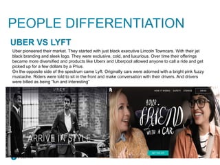 Copyright © 2021 Pearson Education Ltd.
UBER VS LYFT
Uber pioneered their market. They started with just black executive Lincoln Towncars. With their jet
black branding and sleek logo. They were exclusive, cold, and luxurious. Over time their offerings
became more diversified and products like Uberx and Uberpool allowed anyone to call a ride and get
picked up for a few dollars by a Prius.
On the opposite side of the spectrum came Lyft. Originally cars were adorned with a bright pink fuzzy
mustache. Riders were told to sit in the front and make conversation with their drivers. And drivers
were billed as being “fun and interesting”
PEOPLE DIFFERENTIATION
 