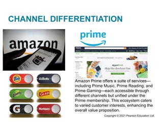 Copyright © 2021 Pearson Education Ltd.
CHANNEL DIFFERENTIATION
Amazon Prime offers a suite of services—
including Prime Music, Prime Reading, and
Prime Gaming—each accessible through
different channels but unified under the
Prime membership. This ecosystem caters
to varied customer interests, enhancing the
overall value proposition.
 