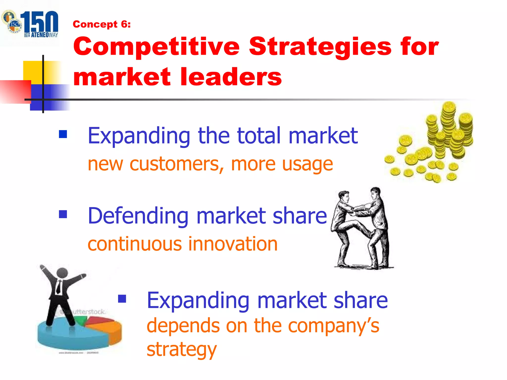 Defending market share  continuous innovation   Concept 6: Competitive Strategies for market leaders Expanding the total market  new customers, more usage   Expanding market share  depends on the company’s strategy 