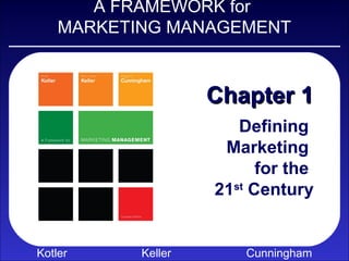 A FRAMEWORK for
    MARKETING MANAGEMENT



                    Chapter 1
                       Defining
                     Marketing
                          for the
                    21st Century


Kotler     Keller       Cunningham
 