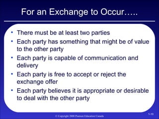 For an Exchange to Occur…..

• There must be at least two parties
• Each party has something that might be of value
  to t...