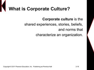 What is Corporate Culture?
Corporate culture is the
shared experiences, stories, beliefs,
and norms that
characterize an organization.
Copyright © 2011 Pearson Education, Inc. Publishing as Prentice Hall 2-18
 