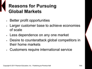 Reasons for Pursuing
Global Markets
 Better profit opportunities
 Larger customer base to achieve economies
of scale
 Less dependence on any one market
 Desire to counterattack global competitors in
their home markets
 Customers require international service
Copyright © 2011 Pearson Education, Inc. Publishing as Prentice Hall 18-6
 