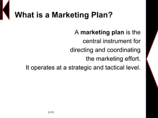 2-13
What is a Marketing Plan?
A marketing plan is the
central instrument for
directing and coordinating
the marketing effort.
It operates at a strategic and tactical level.
 