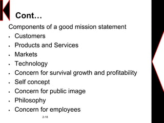 Cont…
Components of a good mission statement
 Customers
 Products and Services
 Markets
 Technology
 Concern for survival growth and profitability
 Self concept
 Concern for public image
 Philosophy
 Concern for employees
2-18
 