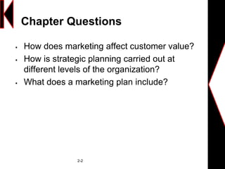 Chapter Questions
 How does marketing affect customer value?
 How is strategic planning carried out at
different levels of the organization?
 What does a marketing plan include?
2-2
 