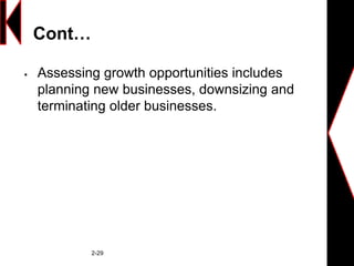 Cont…
 Assessing growth opportunities includes
planning new businesses, downsizing and
terminating older businesses.
2-29
 
