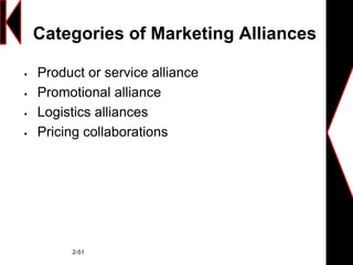 Categories of Marketing Alliances
 Product or service alliance
 Promotional alliance
 Logistics alliances
 Pricing collaborations
2-51
 