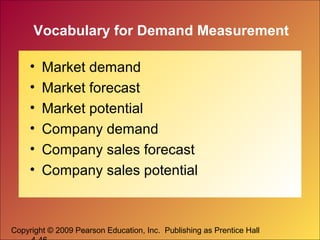 Copyright © 2009 Pearson Education, Inc. Publishing as Prentice Hall
Vocabulary for Demand Measurement
• Market demand
• Market forecast
• Market potential
• Company demand
• Company sales forecast
• Company sales potential
 