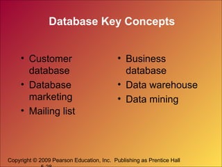 Copyright © 2009 Pearson Education, Inc. Publishing as Prentice Hall
Database Key Concepts
• Customer
database
• Database
marketing
• Mailing list
• Business
database
• Data warehouse
• Data mining
 