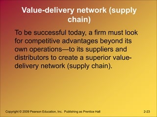 Value-delivery network (supply
chain)
To be successful today, a firm must look
for competitive advantages beyond its
own o...