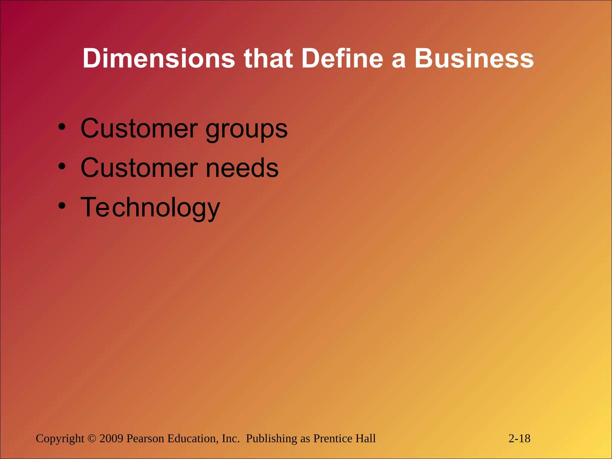 Copyright © 2009 Pearson Education, Inc. Publishing as Prentice Hall 2-18
Dimensions that Define a Business
• Customer groups
• Customer needs
• Technology
 