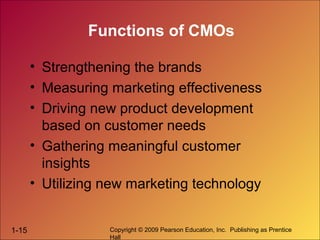 1-15 Copyright © 2009 Pearson Education, Inc. Publishing as Prentice
Hall
Functions of CMOs
• Strengthening the brands
• M...
