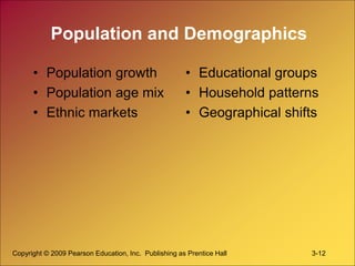 Copyright © 2009 Pearson Education, Inc. Publishing as Prentice Hall 3-12
Population and Demographics
• Population growth
• Population age mix
• Ethnic markets
• Educational groups
• Household patterns
• Geographical shifts
 