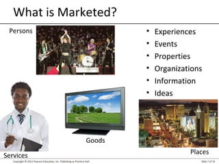 Copyright © 2012 Pearson Education, Inc. Publishing as Prentice Hall Slide 7 of 25
• Experiences
• Events
• Properties
• Organizations
• Information
• Ideas
What is Marketed?
Places
Persons
Services
Goods
 