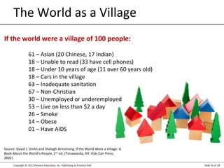 Copyright © 2012 Pearson Education, Inc. Publishing as Prentice Hall Slide 16 of 28
The World as a Village
If the world were a village of 100 people:
61 – Asian (20 Chinese, 17 Indian)
18 – Unable to read (33 have cell phones)
18 – Under 10 years of age (11 over 60 years old)
18 – Cars in the village
63 – Inadequate sanitation
67 – Non-Christian
30 – Unemployed or underemployed
53 – Live on less than $2 a day
26 – Smoke
14 – Obese
01 – Have AIDS
Source: David J. Smith and Shelagh Armstrong, If the World Were a Village: A
Book About the World’s People, 2nd
ed. (Tonawanda, NY: Kids Can Press,
2002)
 