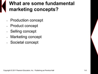 What are some fundamental
marketing concepts?
• Production concept
• Product concept
• Selling concept
• Marketing concept
• Societal concept
Copyright © 2011 Pearson Education, Inc. Publishing as Prentice Hall 1-9
 