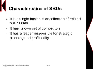 Characteristics of SBUs
 It is a single business or collection of related
businesses
 It has its own set of competitors
 It has a leader responsible for strategic
planning and profitability
Copyright © 2012 Pearson Education 2-20
 
