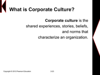 What is Corporate Culture?
Corporate culture is the
shared experiences, stories, beliefs,
and norms that
characterize an organization.
Copyright © 2012 Pearson Education 2-23
 