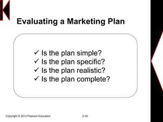 Copyright © 2012 Pearson Education 2-34
Evaluating a Marketing Plan
 Is the plan simple?
 Is the plan specific?
 Is the plan realistic?
 Is the plan complete?
 