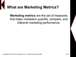 Copyright © 2011 Pearson Education, Inc. Publishing as Prentice Hall 4-36
What are Marketing Metrics?
Marketing metrics are the set of measures
that helps marketers quantify, compare, and
interpret marketing performance.
 