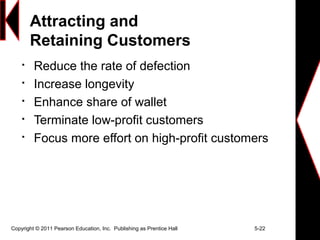 Copyright © 2011 Pearson Education, Inc. Publishing as Prentice Hall 5-22
Attracting and
Retaining Customers

Reduce the rate of defection

Increase longevity

Enhance share of wallet

Terminate low-profit customers

Focus more effort on high-profit customers
 