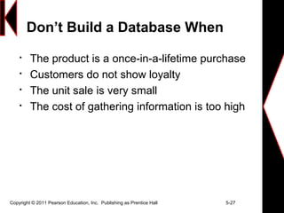 Copyright © 2011 Pearson Education, Inc. Publishing as Prentice Hall 5-27
Don’t Build a Database When

The product is a once-in-a-lifetime purchase

Customers do not show loyalty

The unit sale is very small

The cost of gathering information is too high
 