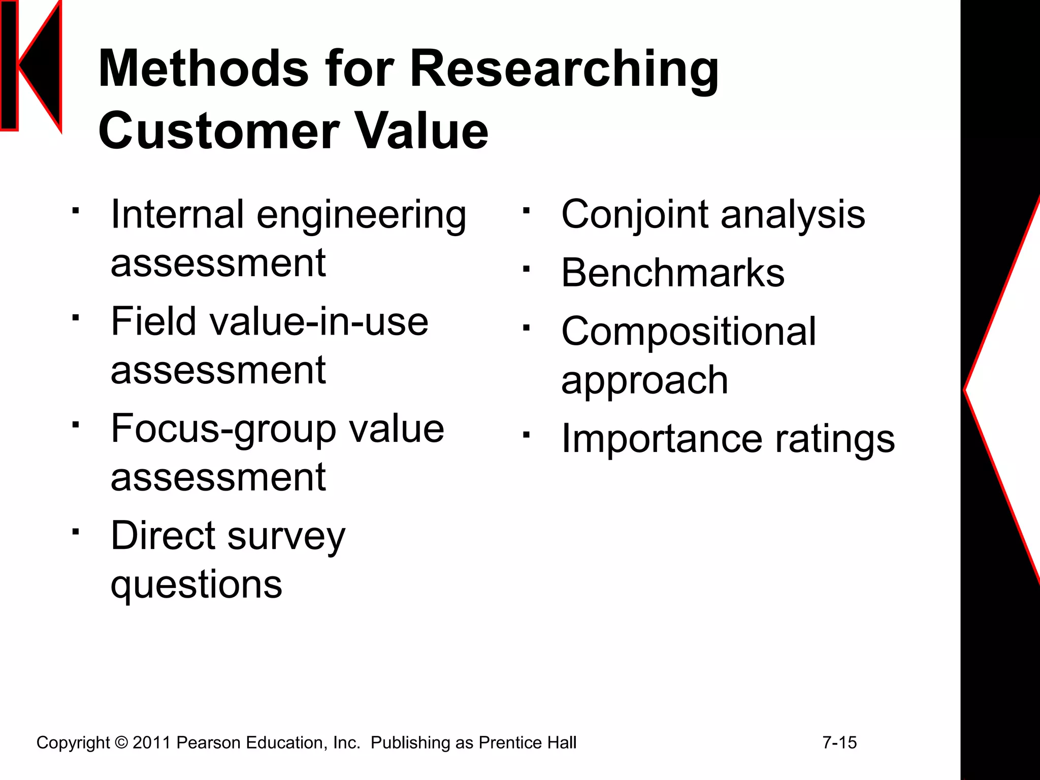 Methods for Researching
Customer Value

Internal engineering
assessment

Field value-in-use
assessment

Focus-group value
assessment

Direct survey
questions

Conjoint analysis

Benchmarks

Compositional
approach

Importance ratings
Copyright © 2011 Pearson Education, Inc. Publishing as Prentice Hall 7-15
 