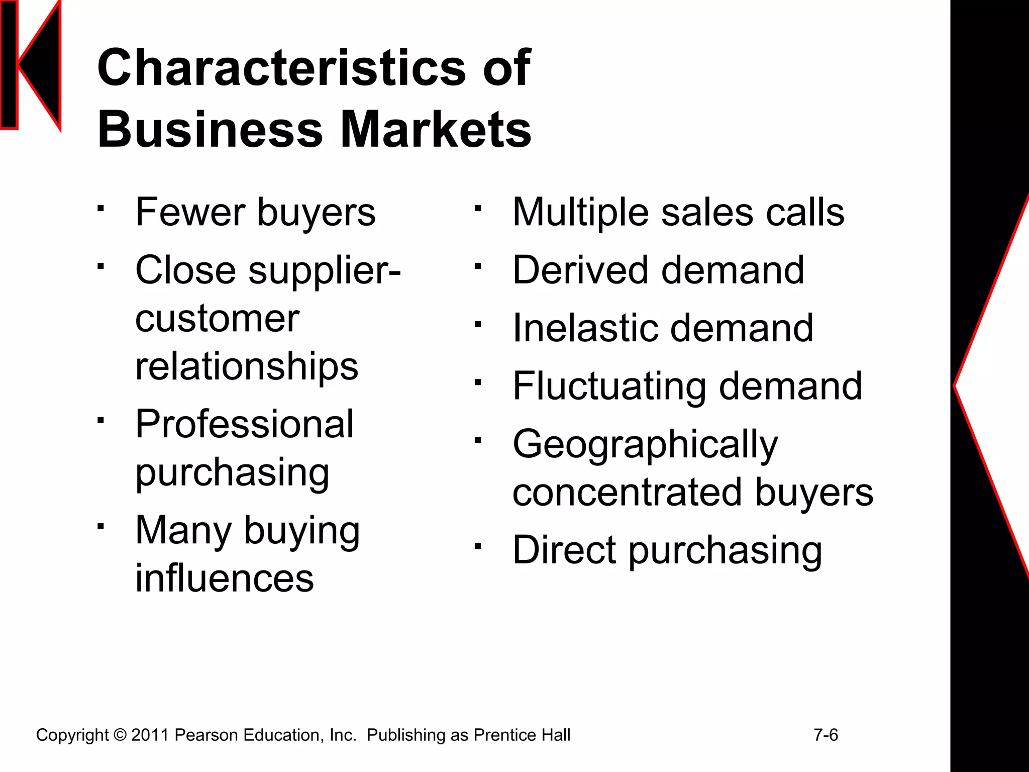Characteristics of
Business Markets

Fewer buyers

Close supplier-
customer
relationships

Professional
purchasing

Many buying
influences

Multiple sales calls

Derived demand

Inelastic demand

Fluctuating demand

Geographically
concentrated buyers

Direct purchasing
Copyright © 2011 Pearson Education, Inc. Publishing as Prentice Hall 7-6
 