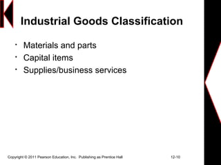 Copyright © 2011 Pearson Education, Inc. Publishing as Prentice Hall 12-10
Industrial Goods Classification

Materials and parts

Capital items

Supplies/business services
 