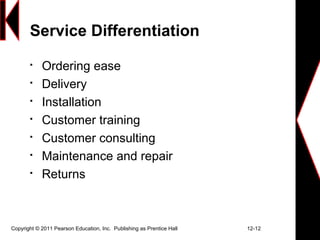 Copyright © 2011 Pearson Education, Inc. Publishing as Prentice Hall 12-12
Service Differentiation

Ordering ease

Delivery

Installation

Customer training

Customer consulting

Maintenance and repair

Returns
 