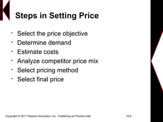 Copyright © 2011 Pearson Education, Inc. Publishing as Prentice Hall 14-9
Steps in Setting Price

Select the price objective

Determine demand

Estimate costs

Analyze competitor price mix

Select pricing method

Select final price
 