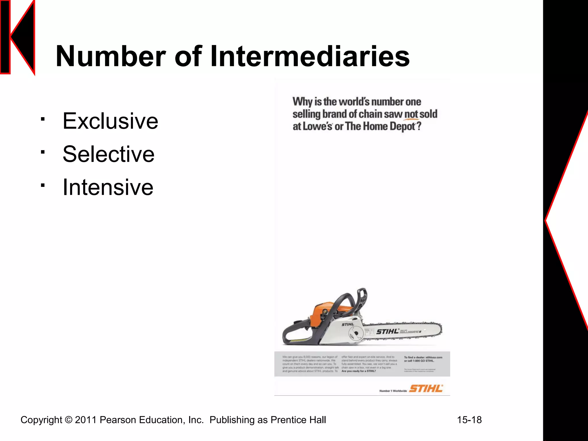 Copyright © 2011 Pearson Education, Inc. Publishing as Prentice Hall 15-18
Number of Intermediaries

Exclusive

Selective

Intensive
 