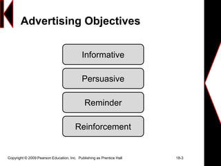 Copyright © 2009 Pearson Education, Inc. Publishing as Prentice Hall 18-3
Advertising Objectives
Informative
Persuasive
Re...